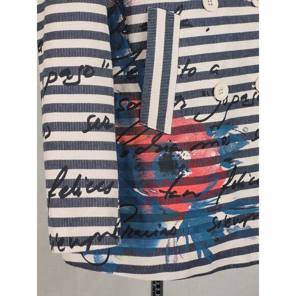 Desigual Mencia Blue & White Striped Double Breasted Blazer Floral Print Sz 38 - Picture 7 of 12